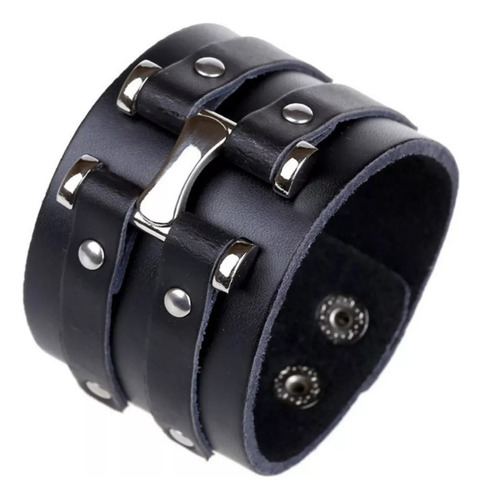 Bracelete H Preto Masculino Pulseira De Couro Moto Depp Rock