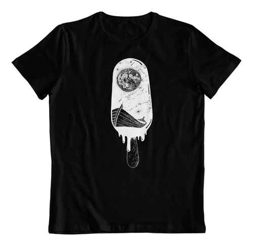 Polera Negra Dtf Algodon Helado Bote Luna Psicodelico 