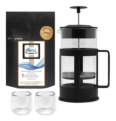 Cafetera Prensa Francesa 1 Litro + Café Orgánico + 2 Tazas 