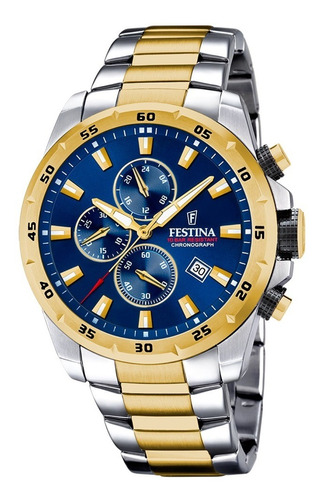 Reloj Hombre F20562/2 Festina Cronógrafo / Marisio Color de la correa Plateado y Dorado Color del bisel Dorado Color del fondo Azul