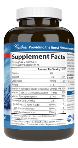 Suplemento Carlson Cod Liver Oil Gems 150 Cápsulas Gelatinas
