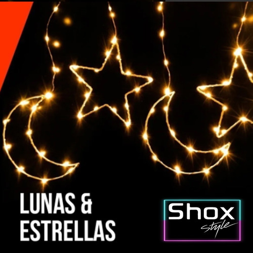 Imagen 2 de 10 de Cortina Luces Led Estrella Luna Alambre Enchufe 220 Cálido