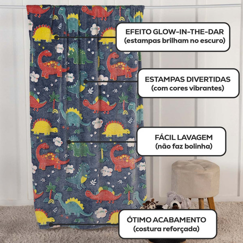 Kit 2 Coberta Casal Manta Brilha No Escuro 2,00x1,80 Macia Cor Dino