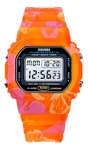 Reloj Unisex Skmei 1627 Sumergible Digital Alarma Cronometro Color De La Malla Naranja Color Del Fondo Blanco