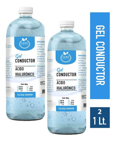 2pzs Gel Conductor Ácido Hialurónico Anti Edad 1 Litro Sane 