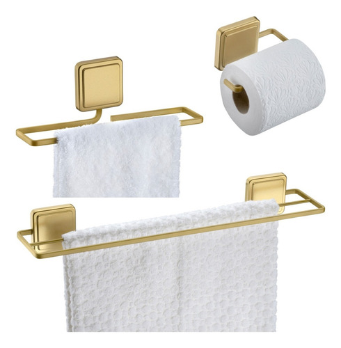 Kit Porta Toalha Toalheiro Papel Higiênico Adesivo Dourado