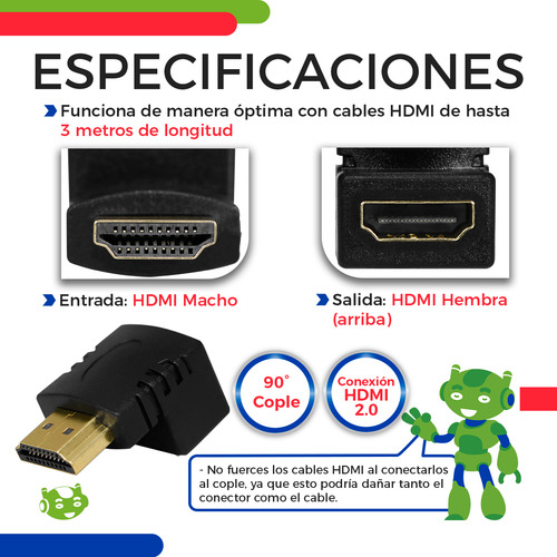 Cople Adaptador Unión En L Slim Company Conector Hdmi Macho A Hembra Arriba Resolución 4k Angulo 90 Grados Color Negro