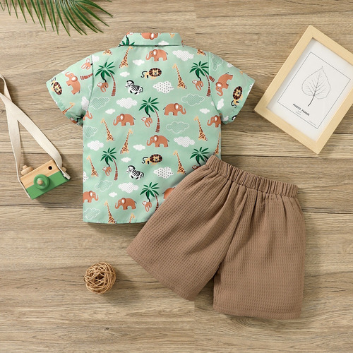 Conjunto 2 Pcs Con Camisa Estampado Animal Y Shorts Niños Verde Claro 18-24 M