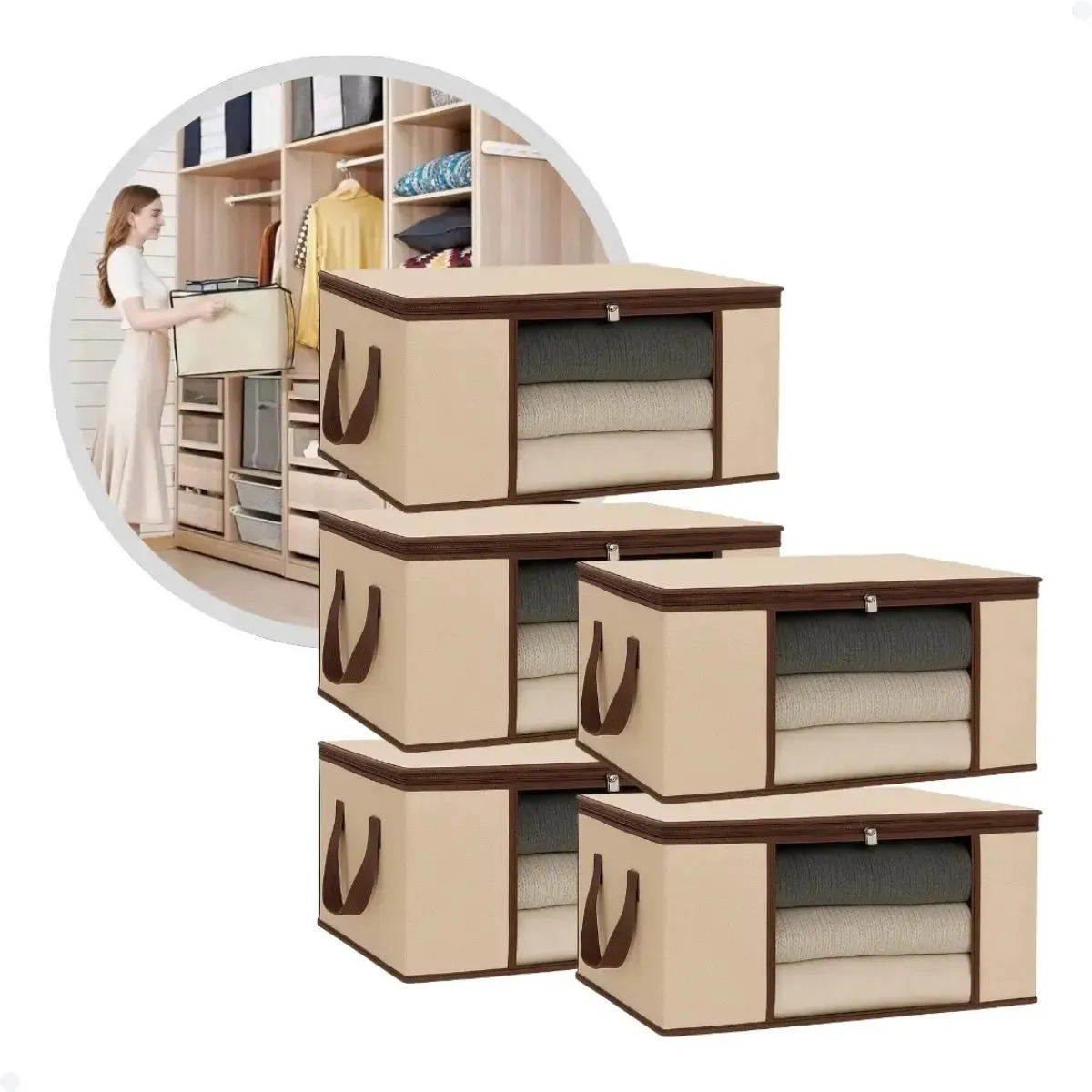 Kit 5 Organizadores Anti Mofo Edredom Toalhas Roupas De Cama Travesseiros Multiuso Tnt 45x45x20 Bege