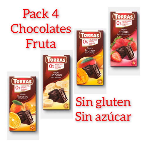 Pack 4 Chocolates Frutas, Sin Gluten, Sin Azúcar Torras