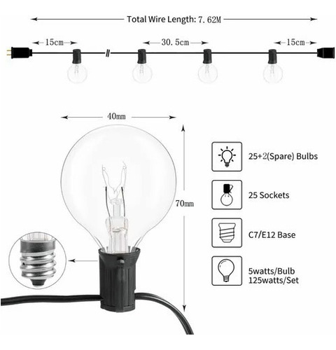Guirnalda De Luces 25 Focos De Exterior Vintage Impermeable