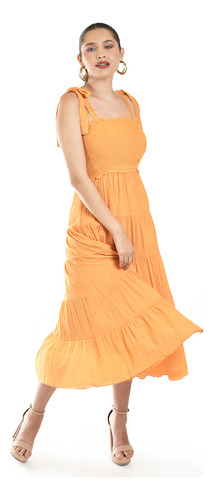 Vestido Midi Con Smock Roman Fashion/juvenil, 30105 Naranja