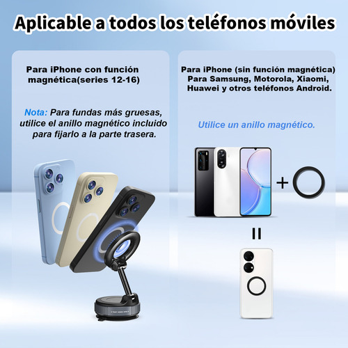 TONEOF Soporte Magnético para Teléfono Celular Mini Soporte de Coche con Vacío Adsorción Y Anillo Magnético para iPhone y Android para Ventana/Pantalla/Cinta de Correr/Espejo/Superficie Lisa
