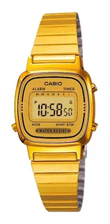 Reloj de pulsera Casio Youth LA670WGA-1 de cuerpo color dorado, digital, para mujer, fondo dorado, con correa de acero inoxidable color dorado, dial negro, minutero/segundero negro, bisel color dorado