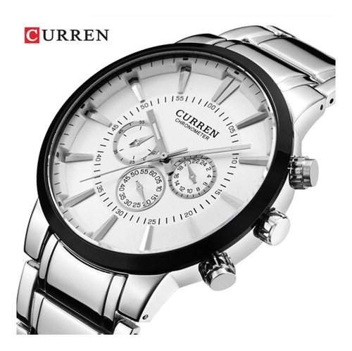 Reloj Curren Hombre 8001a, Cronometro, Tecnología Japón Color de la correa Plateado Color del fondo Blanco