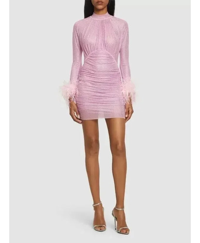 Mini Vestido Rosa Com Punho De Penas