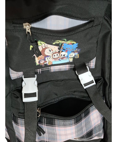 Mochila Labubu Kawai Primaria Secundaria Negro Cuadros