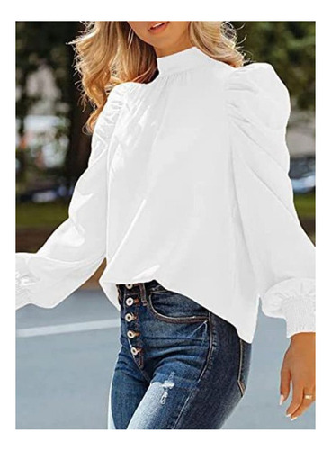 Camisa De Mujer Cuello Vuelto Manga Larga Abullonada Otoño