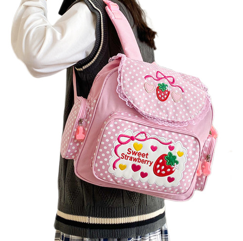 Bonita Mochila Para Estudiantes Con Bordado De Fresas