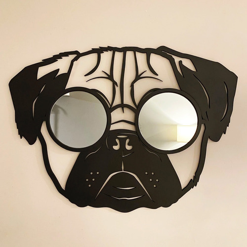 Espejo Perro Pug Hipster Lentes Decorativo Madera Y Acrílico Marco Negro Mate