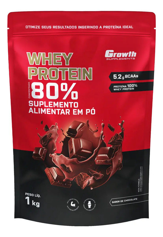 Embalagem vermelha de 1kg do Whey Protein Concentrado sabor chocolate da Growth Supplements com respingos de chocolate ao fundo
