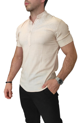 Camisa Camisolín Manga Corta Hombre Lino Cuello Mao Premium 