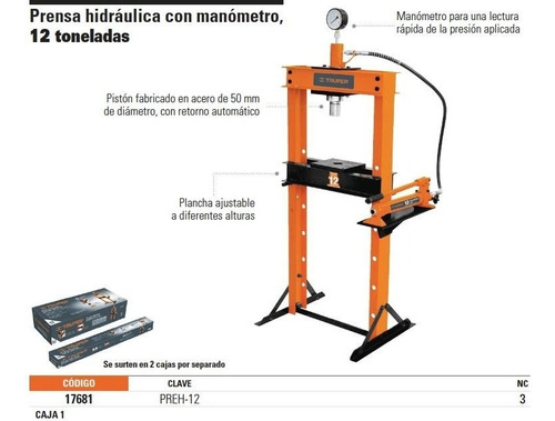 Prensa Hidráulica Tipo 'h' De 12 Ton, Con Pistón, Truper Naranja