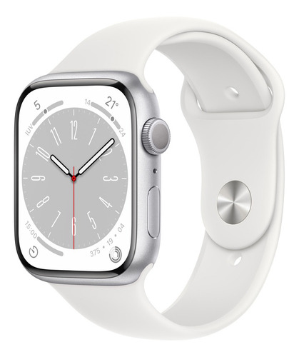 Imagen 1 de 9 de Apple Watch Series 8 GPS - Caja de aluminio plata 45 mm - Correa deportiva blanca - Patrón