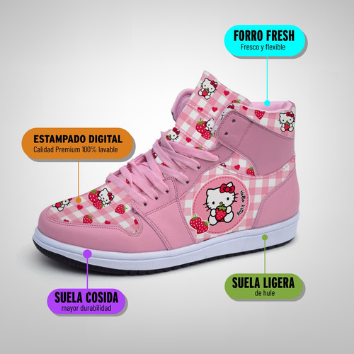 Tenis Kitty Y Fresas Rosa Estampado A Cuadros Bota Hi Top