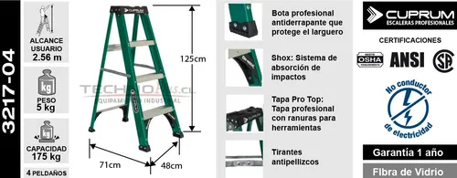 Escalera Fibra De Vidrio Tijera 4 Peldaños 175 Kg Cuprum
