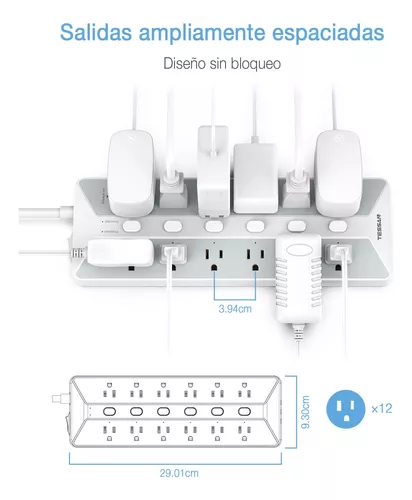  Regleta de alimentación de 5 salidas con interruptores  individuales, regleta de alimentación de metal resistente, 5 interruptores  individuales y 1 interruptor maestro, protector de sobretensiones de 300J,  cable de 14 AWG