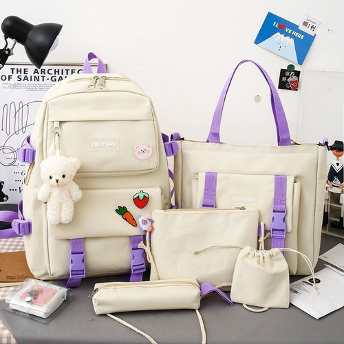 5 Piezas Mochila Escolar Combo Set Kawaii Estilo Coreana Color Blanco