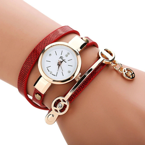 Relogio Feminino De Pulso Dourado Pulseira Couro Bracelete