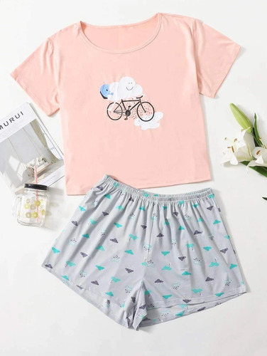 Conjunto Pijama Short Rosa Nube En Bici, Tallas Extras 4xl 