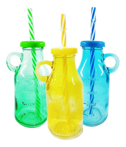 Botella De Vidrio Colores Con Sorbete Jugo Caja 250ml Tapa Color Al Azar