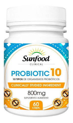 Suplemento probiótico en cápsula Sunfood con 10 probióticos en una olla