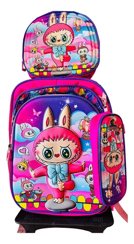 Mochila Con Ruedas 3en1 Escolar Labubu + Lonchera + Estuche