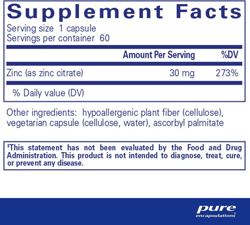 Citrato De Zinc 30 Mg Con 60 Cápsulas Pure Encapsulations
