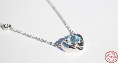 Imagen 3 de 3 de Collar Clavicula Corazón Topacio Azul Cielo Y Circón Ley 925