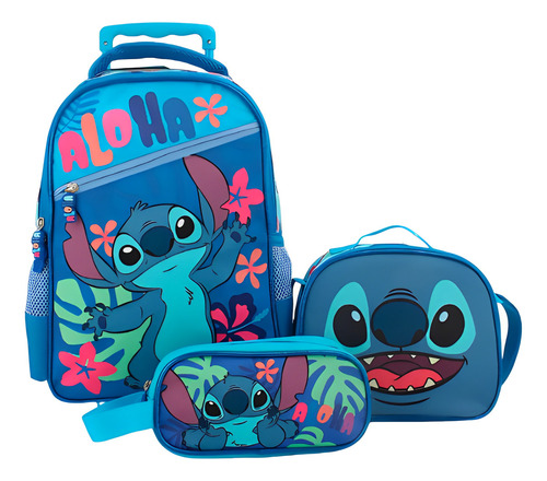 Pack Mochila Con Ruedas Stitch Estuche Lonchera