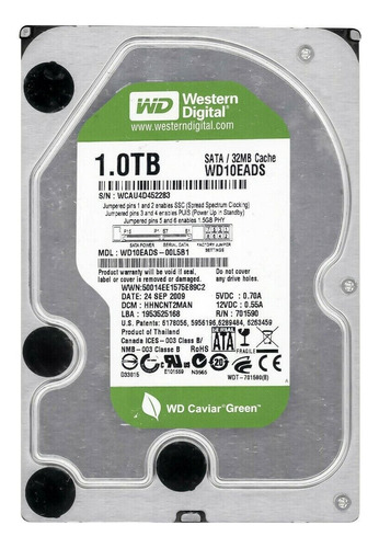 Hd Interno Western Digital 1tb 3.5 Green Wd10 Series Cor Verde