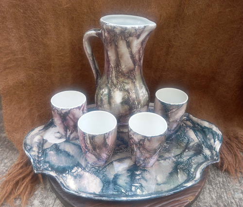 Jarra + 4 Vasos + Bandeja En Ceramica Esmaltada - Finlandia