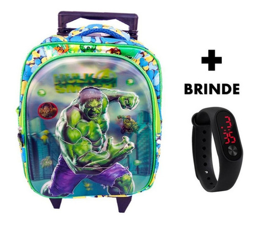 Mochila Infantil Média Rodinha Hulk 3d + Relógio Brinde