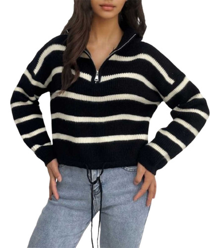 Jersey De Punto Con Cuello Semialto A Rayas Con Cremallera P
