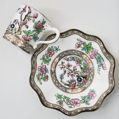Taza Café Con Plato Porcelana Inglesa Coalport Indian Tree Verde (Usado)