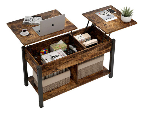 Mesa De Centro Elevable Con Compartimentos Ocultos Y Estante De Almacenamiento, Mesa Auxiliar Para Sala,mesa Expandible Madera