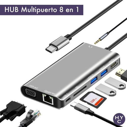 Imagen 2 de 10 de Hub Usb C Multipuerto 8 En 1 Hdmi Vga Audio Sd Usb 3.0 C Red
