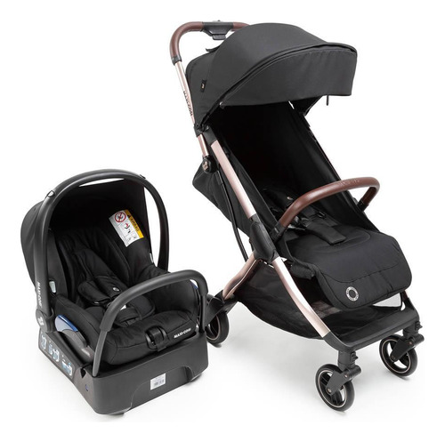 Carrinho Eva Black Champagne Bebê Conforto Base Maxi Cosi