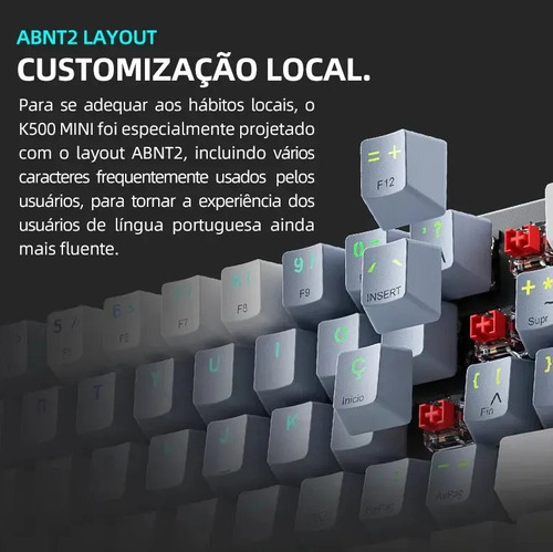 Teclado mecánico para jugadores K500-B61, 60% Abnt2 Rgb, rojo, portugués brasileño
