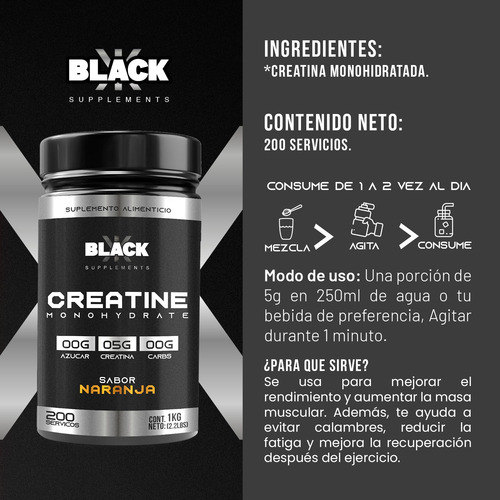 Black Supplements Creatina Monohidratada 1kg 200 Servs Naranja